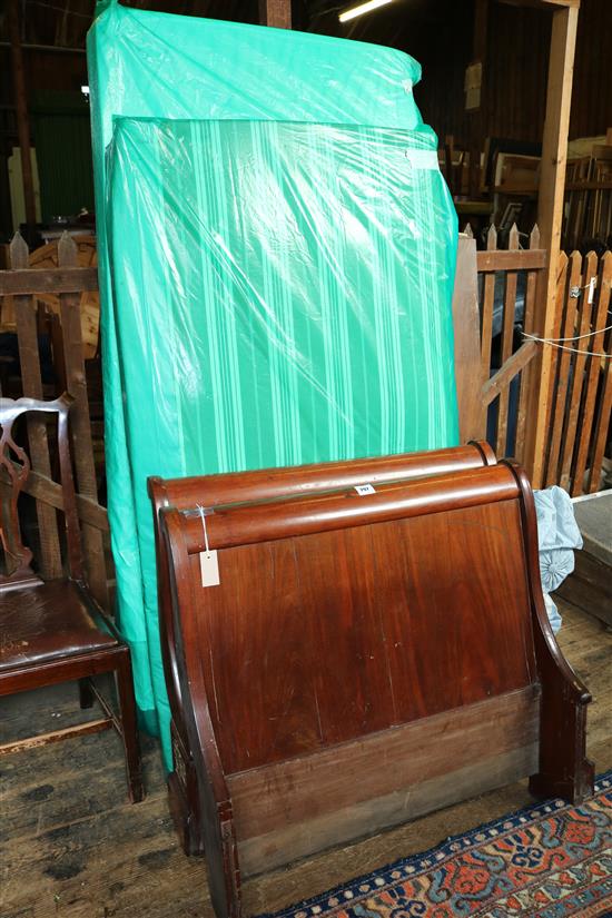 19thC mahogany single sleigh bed, inc  two mattresses, cushions, bolsters & pale blue bedcovers(-)